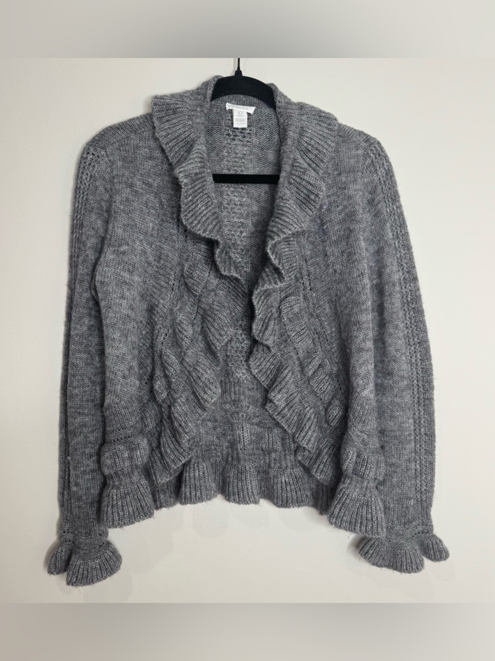 Chicos Y2K Style Gray Ruffle‎ Open Front wool Mohair Blend Knit Sweater Cardigan